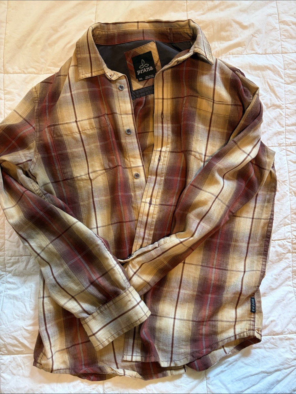 Prana Plaid Long-Sleeve Shirt in Cream, Tan & Brown